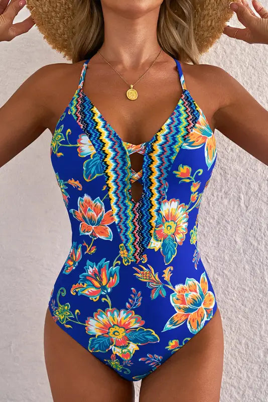 Slim & sculpt blue floral backless swimsuit sizes