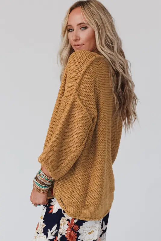 Brown slouchy textured knit loose sweater - sweaters & cardigans