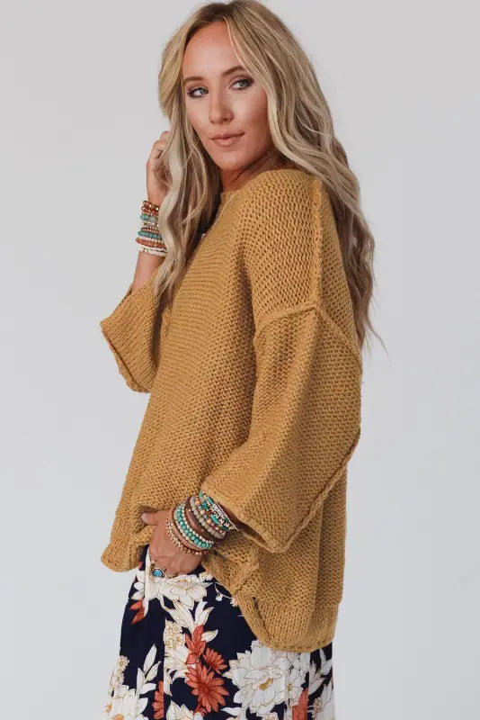 Brown slouchy textured knit loose sweater - sweaters & cardigans