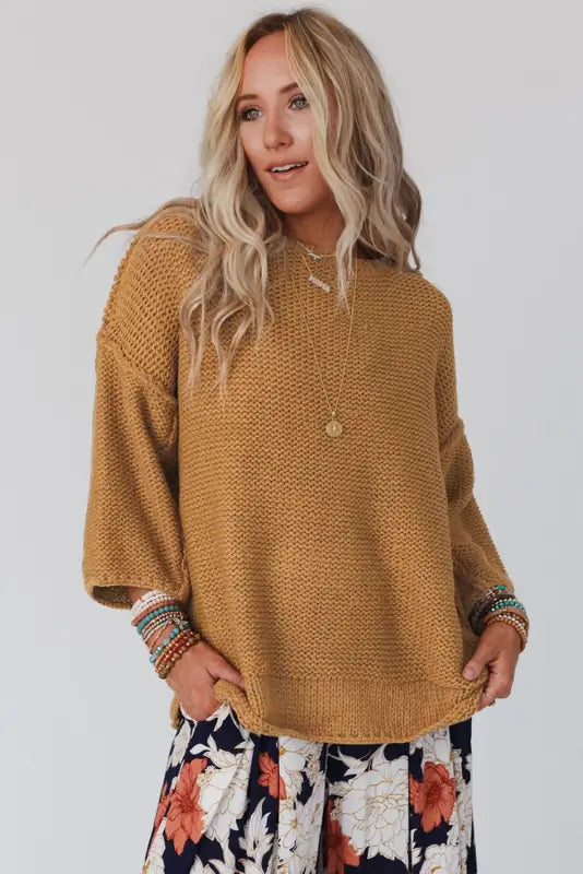 Brown slouchy textured knit loose sweater - sweaters & cardigans