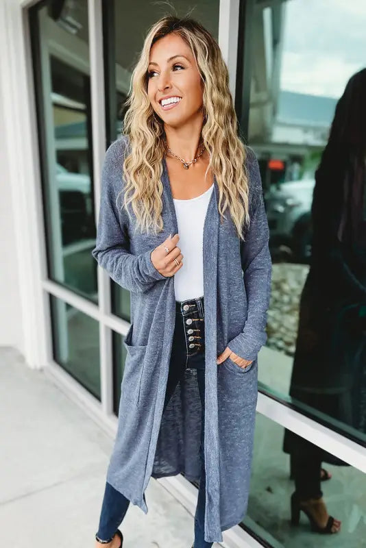 Blue slub knit pocketed open front maxi cardigan - sweaters & cardigans