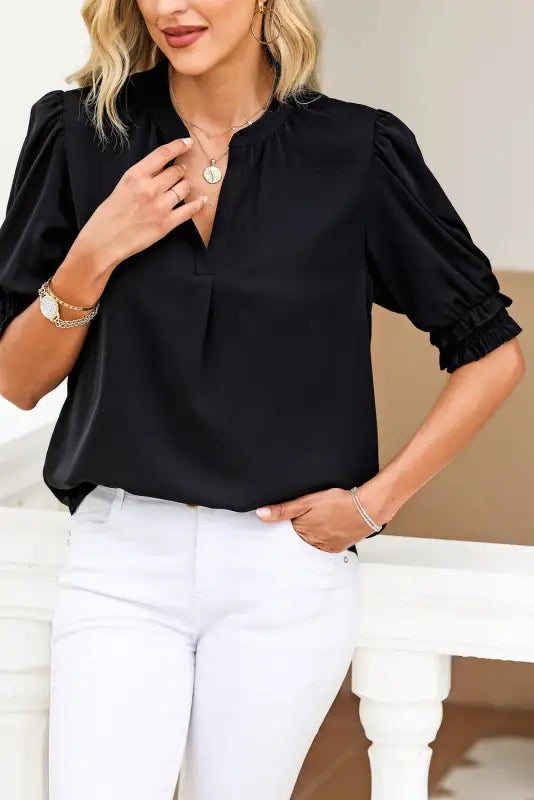 Smock sleeve v-neck blouse - blouses