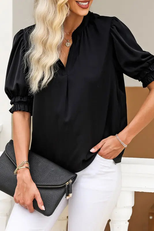 Smock sleeve v-neck blouse - black / s / 100% polyester - blouses