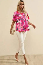 Smocked Blouse - Pink Floral Short Sleeve - Fashionfitz