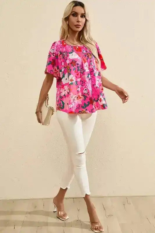 Smocked Blouse - Pink Floral Short Sleeve - Fashionfitz