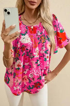 Smocked Blouse - Pink Floral Short Sleeve - Fashionfitz
