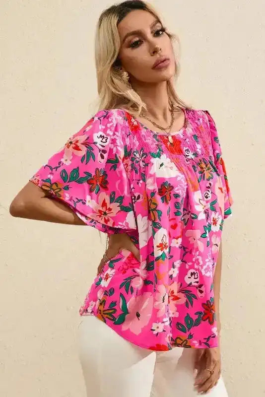 Smocked Blouse - Pink Floral Short Sleeve - Fashionfitz