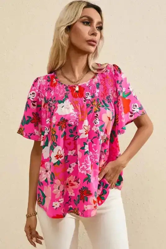 Smocked Blouse - Pink Floral Short Sleeve - Fashionfitz
