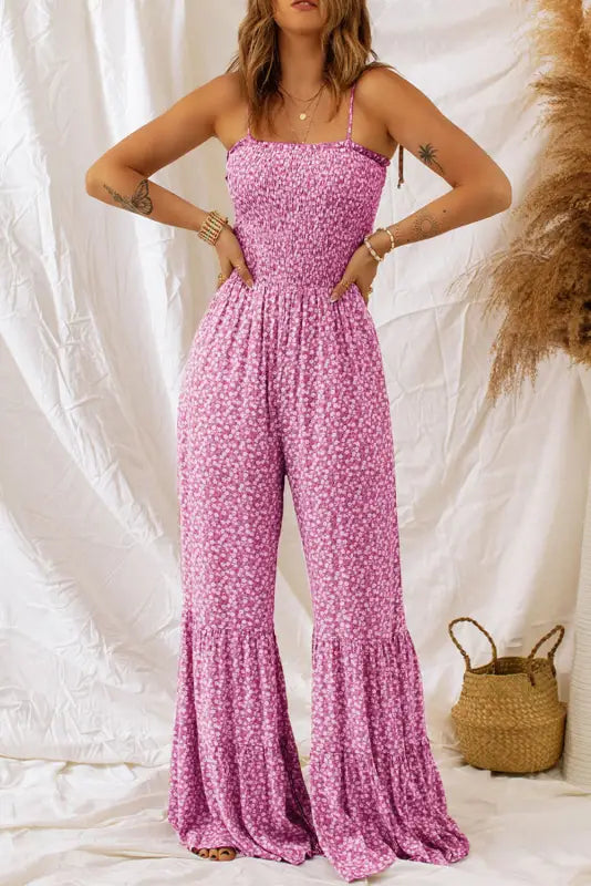 Phalaenopsis smocked bodice wide leg floral jumpsuit