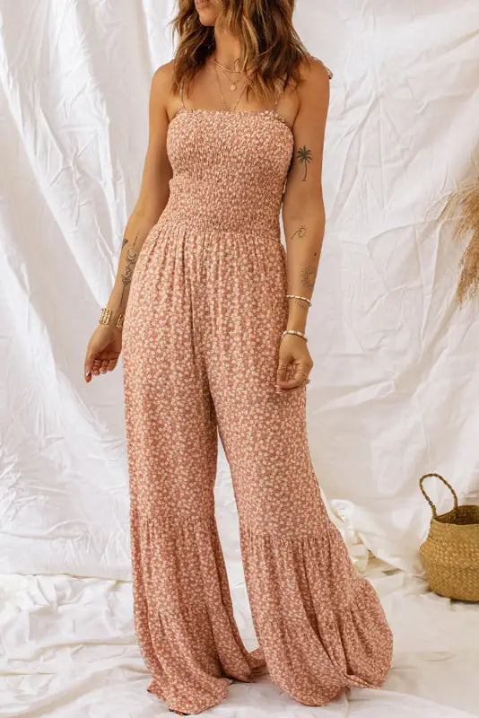 Phalaenopsis smocked bodice wide leg floral jumpsuit