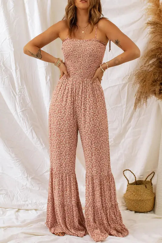 Phalaenopsis smocked bodice wide leg floral jumpsuit