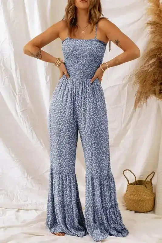 Smocked Bodice Wide Leg Floral Jumpsuit - Fashionfitz