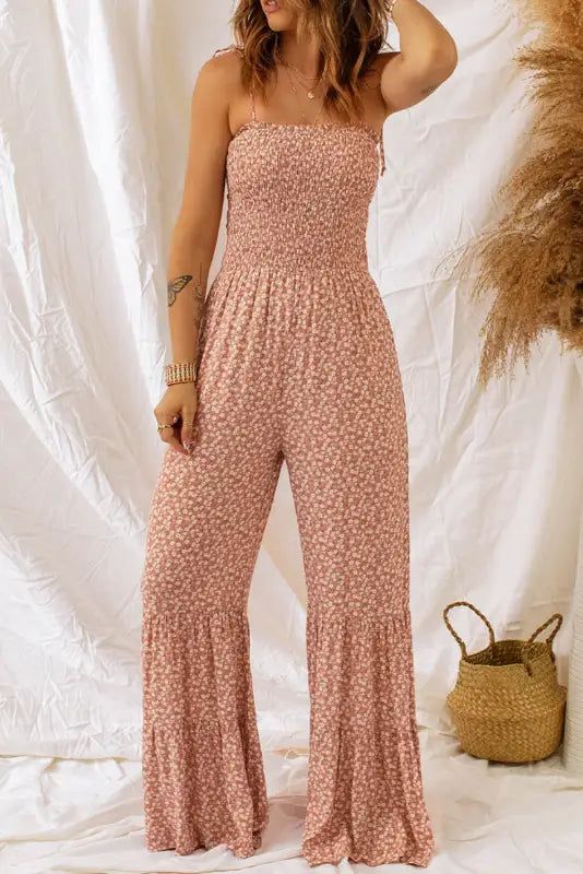 Phalaenopsis smocked bodice wide leg floral jumpsuit