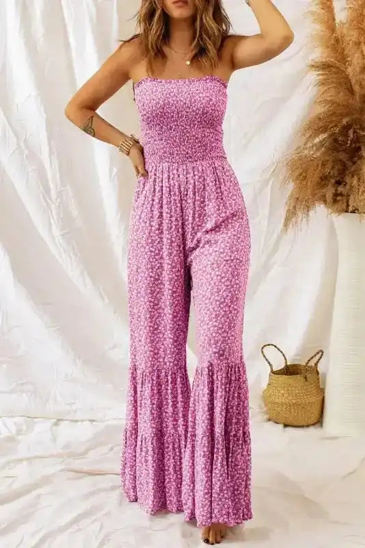 Smocked Bodice Wide Leg Floral Jumpsuit - Fashionfitz