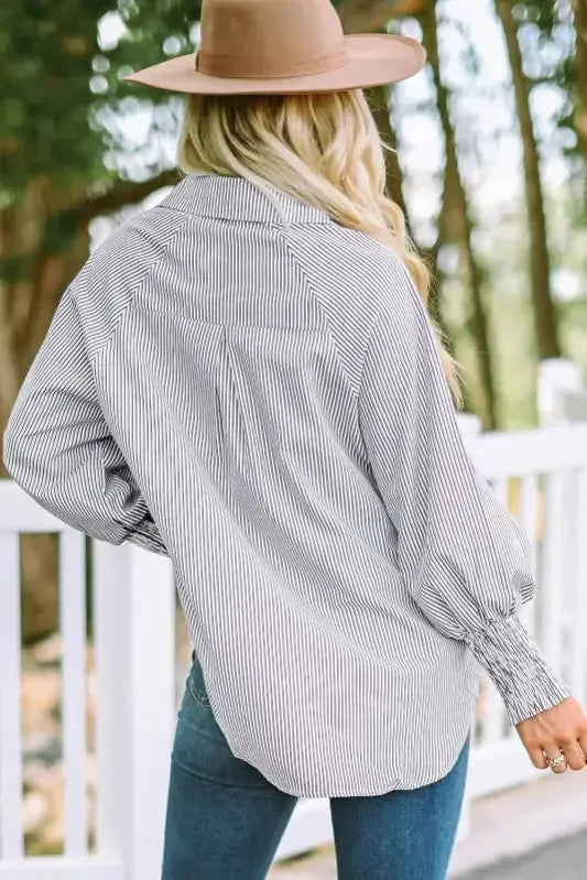 Smocked Cuff Striped Boyfriend Shirt - Fashionfitz