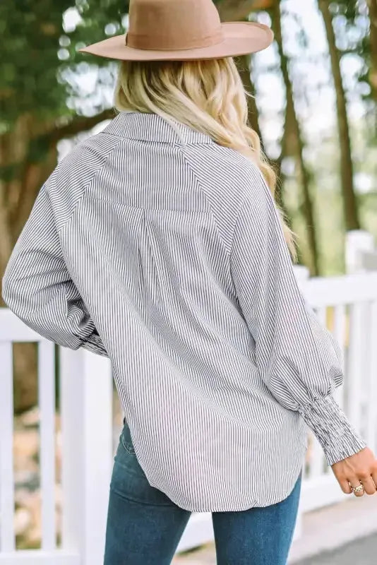 Side view of smocked cuff striped boyfriend shirt showing relaxed oversized fit Fashionfitz UK