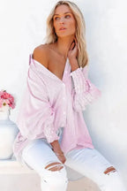 Smocked Cuff Striped Boyfriend Shirt - Fashionfitz