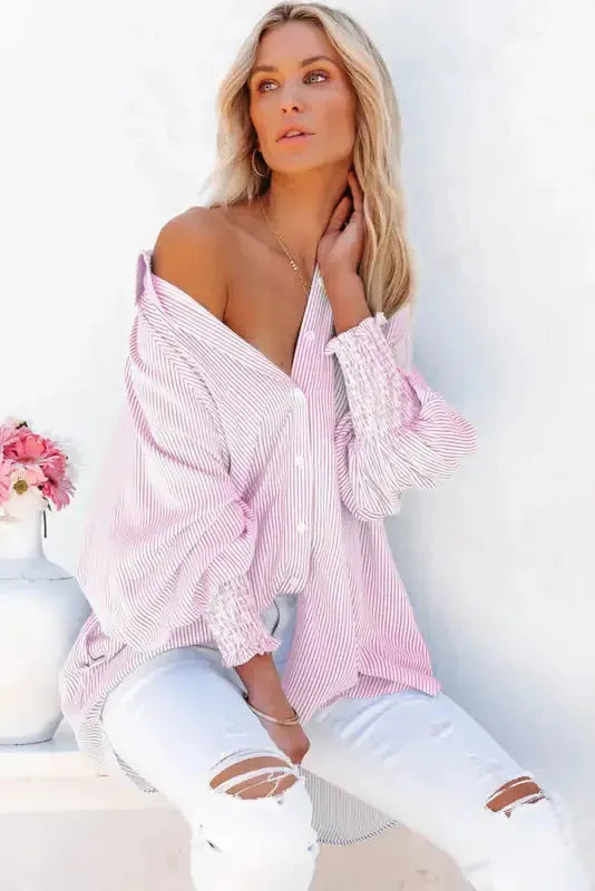 Smocked Cuff Striped Boyfriend Shirt - Fashionfitz