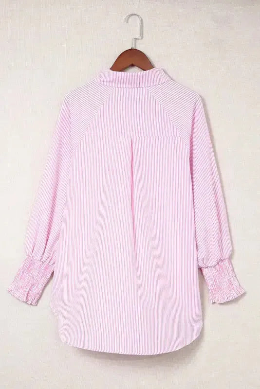 Smocked Cuff Striped Boyfriend Shirt - Fashionfitz