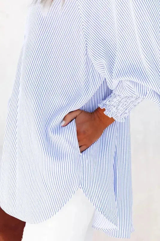 Smocked Cuff Striped Boyfriend Shirt - Fashionfitz