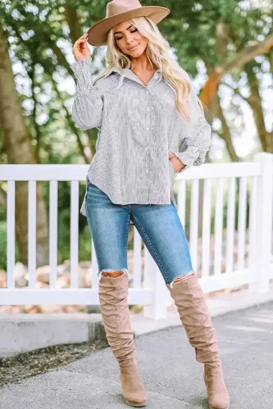 Smocked Cuff Striped Boyfriend Shirt - Fashionfitz