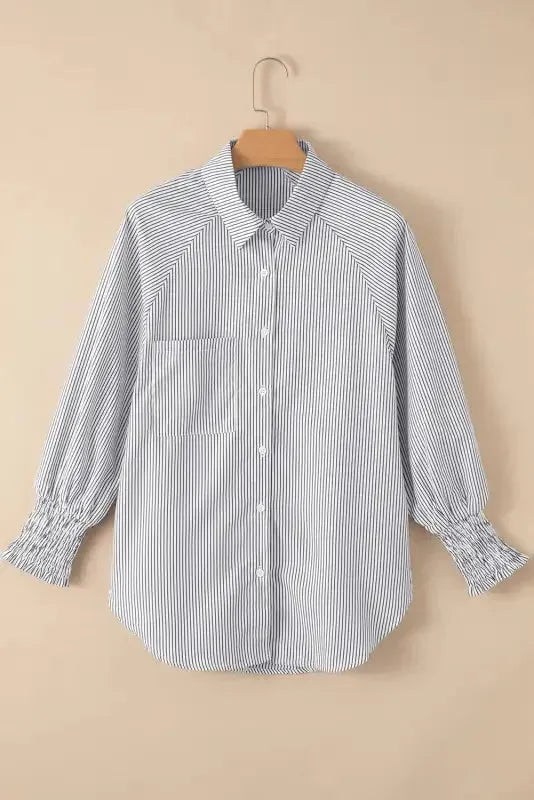 Smocked Cuff Striped Boyfriend Shirt - Fashionfitz