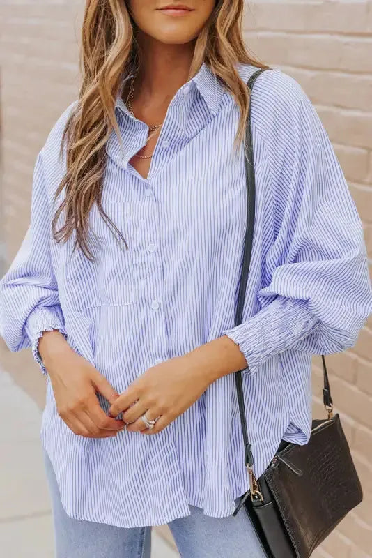 Smocked Cuff Striped Boyfriend Shirt - Fashionfitz