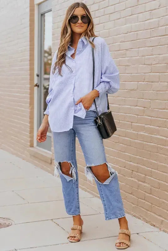 Smocked Cuff Striped Boyfriend Shirt - Fashionfitz