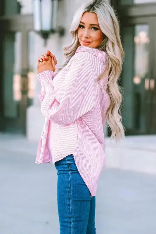 Smocked Cuff Striped Boyfriend Shirt - Fashionfitz