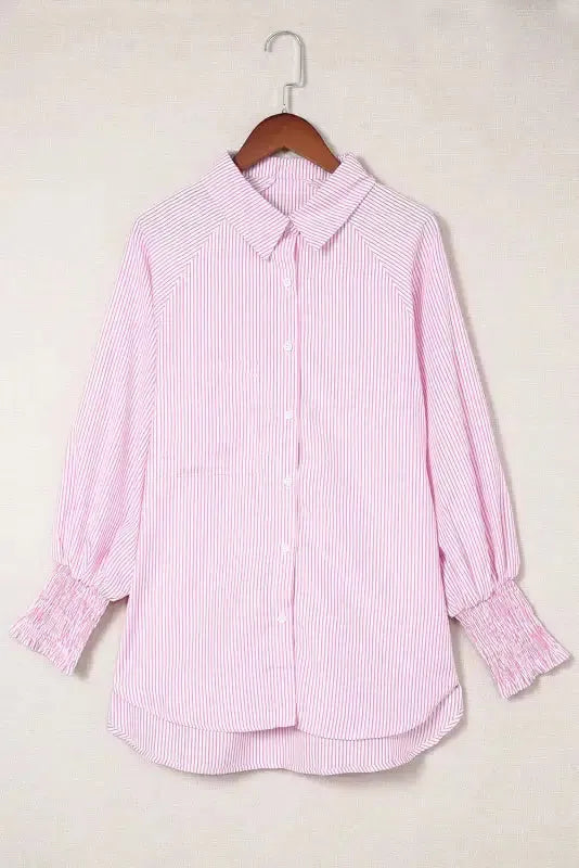 Smocked Cuff Striped Boyfriend Shirt - Fashionfitz