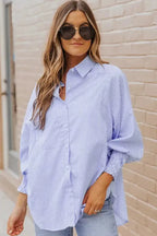 Smocked Cuff Striped Boyfriend Shirt - Fashionfitz