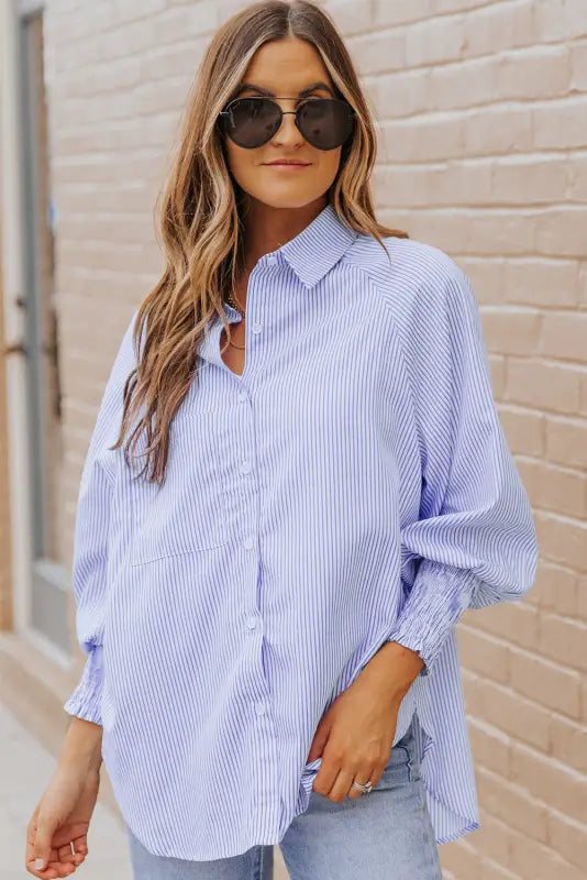 Smocked cuff striped boyfriend shirt | new arrivals | fashionfitz