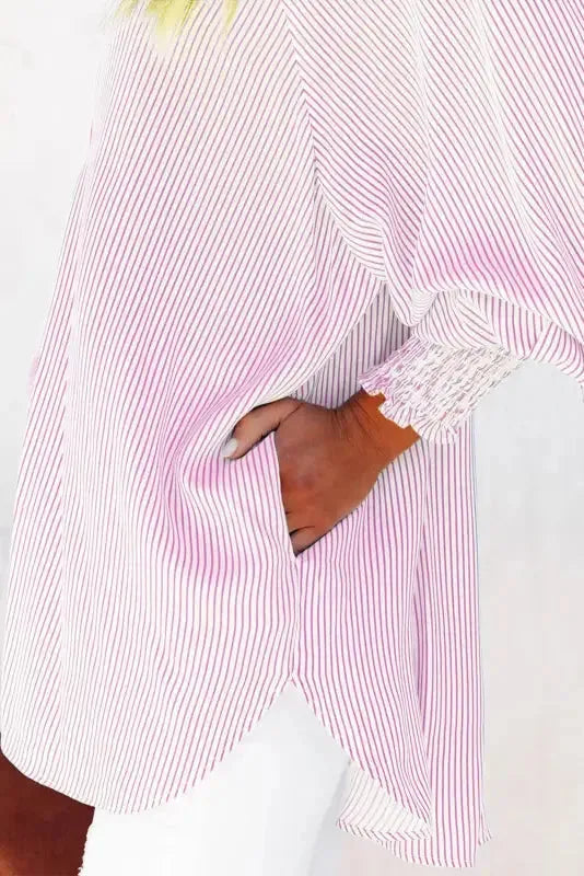 Smocked Cuff Striped Boyfriend Shirt - Fashionfitz