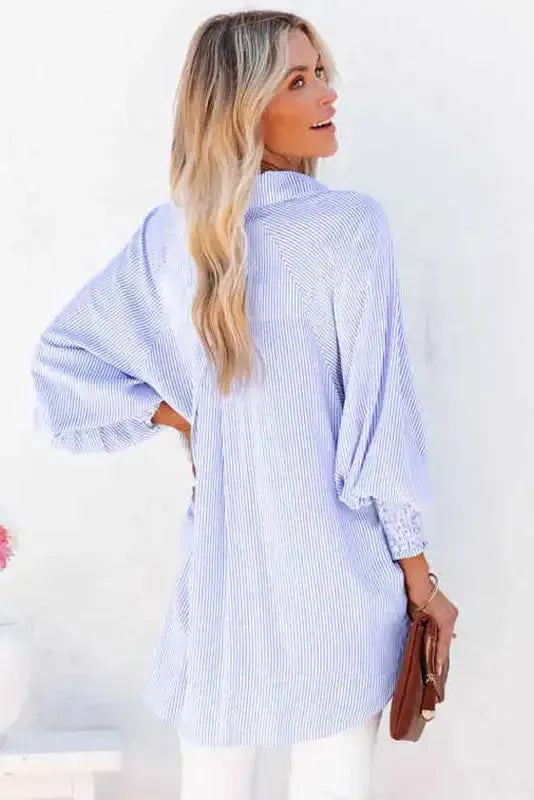 Smocked Cuff Striped Boyfriend Shirt - Fashionfitz
