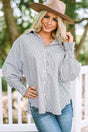 Woman wearing black striped boyfriend shirt with smocked cuffs front view Fashionfitz UK