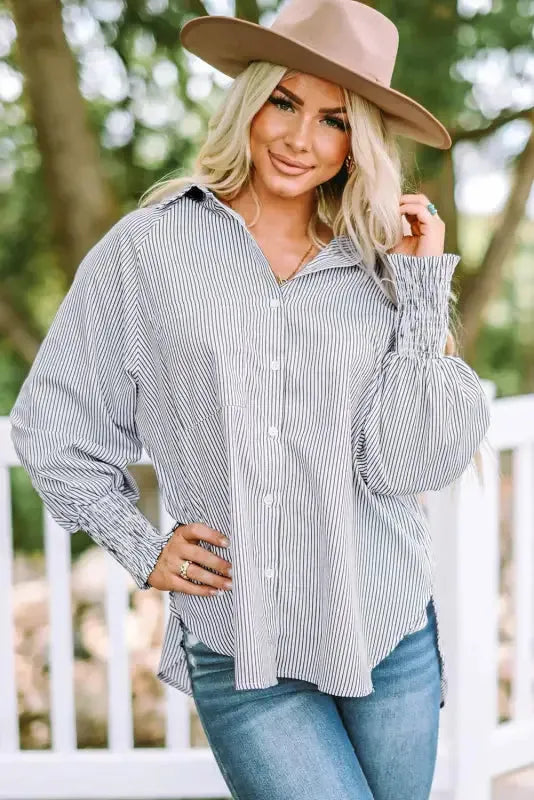 Woman wearing black striped boyfriend shirt with smocked cuffs front view Fashionfitz UK