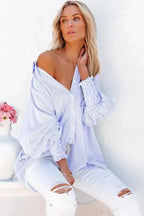 Smocked Cuff Striped Boyfriend Shirt - Fashionfitz