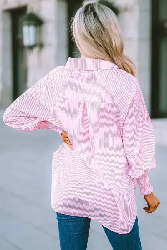Smocked Cuff Striped Boyfriend Shirt - Fashionfitz