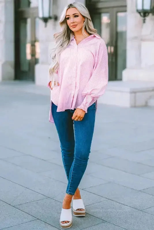 Smocked Cuff Striped Boyfriend Shirt - Fashionfitz