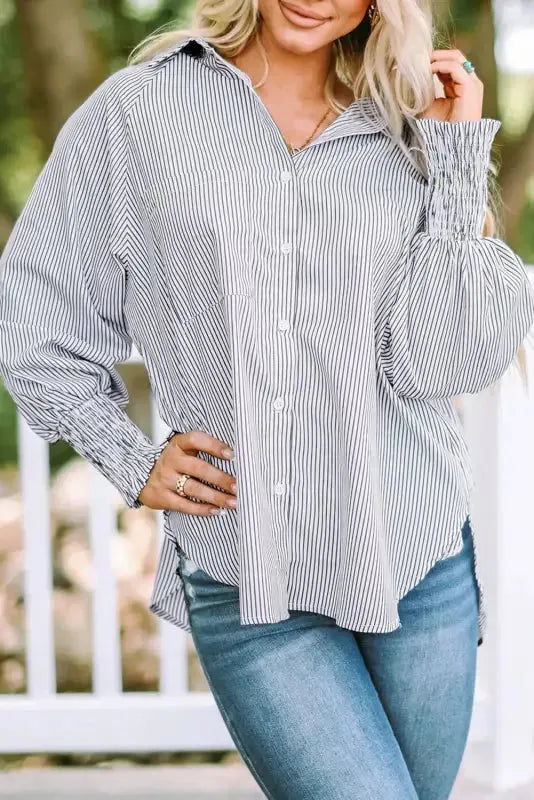 Smocked Cuff Striped Boyfriend Shirt - Fashionfitz