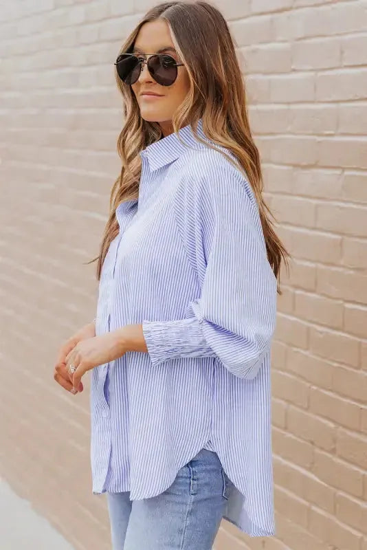 Smocked Cuff Striped Boyfriend Shirt - Fashionfitz