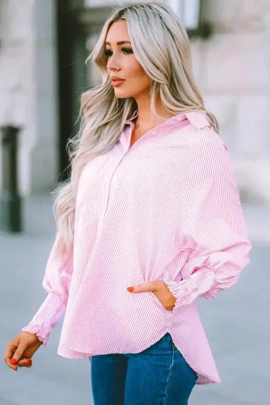 Smocked Cuff Striped Boyfriend Shirt - Fashionfitz