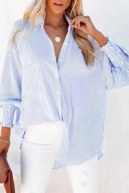 Smocked Cuff Striped Boyfriend Shirt - Fashionfitz