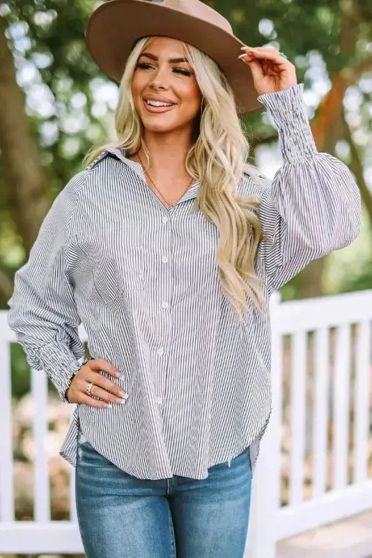 Close-up of smocked gathered cuff and stripe pattern on boyfriend shirt Fashionfitz UK