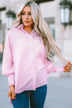 Smocked Cuff Striped Boyfriend Shirt - Fashionfitz