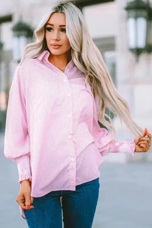Smocked Cuff Striped Boyfriend Shirt - Fashionfitz