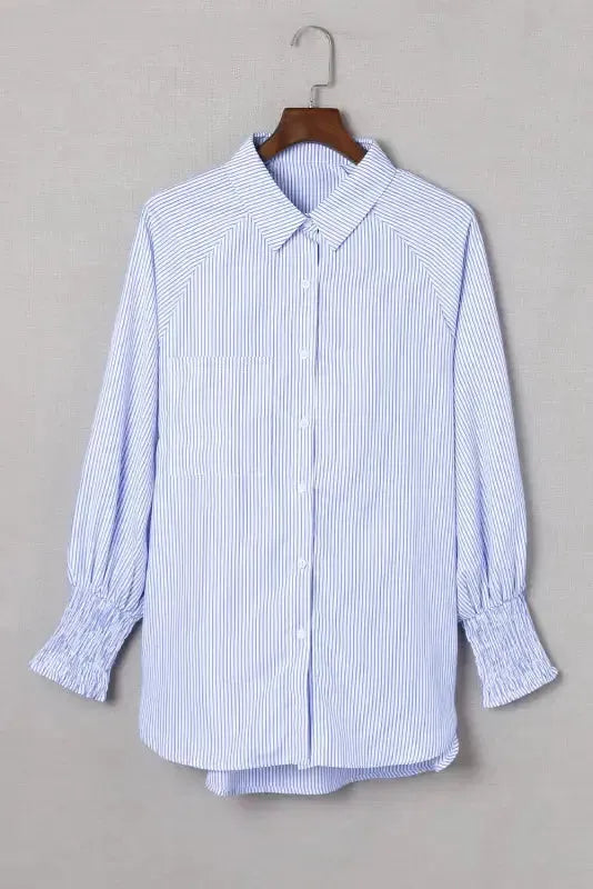 Smocked Cuff Striped Boyfriend Shirt - Fashionfitz