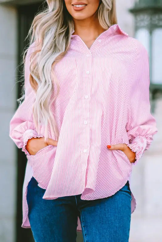 Smocked cuff striped boyfriend shirt | new arrivals | fashionfitz