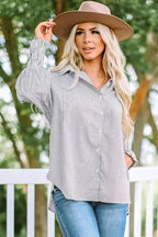 Smocked Cuff Striped Boyfriend Shirt - Fashionfitz