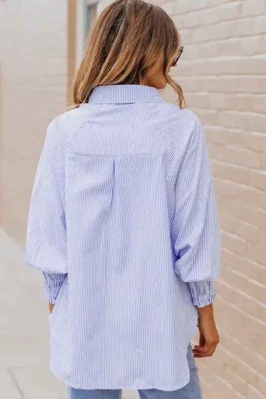Smocked Cuff Striped Boyfriend Shirt - Fashionfitz